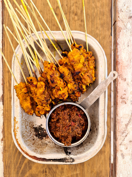 Hawker Style Chicken Satay Skewers with Sweet + Spicy Peanut Sauce