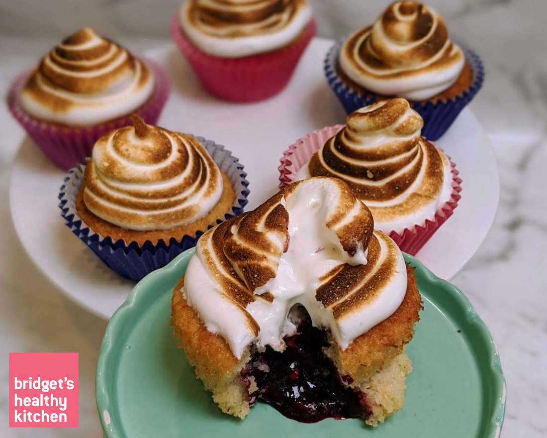 Healthy Vanilla Cupcakes with Raspberry Curd Filling and Meringue Topping